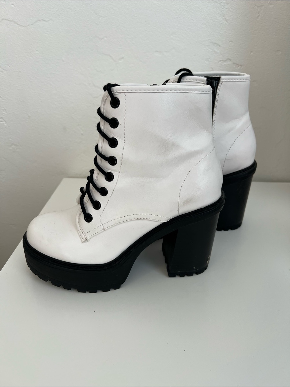 White Lace-Up Platform Ankle Boots - Chunky Heel